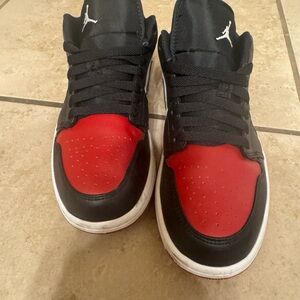 Air Jordan 1 Low Black, White, and Red Sneakers; Men’s 8.5/Women’s 10.